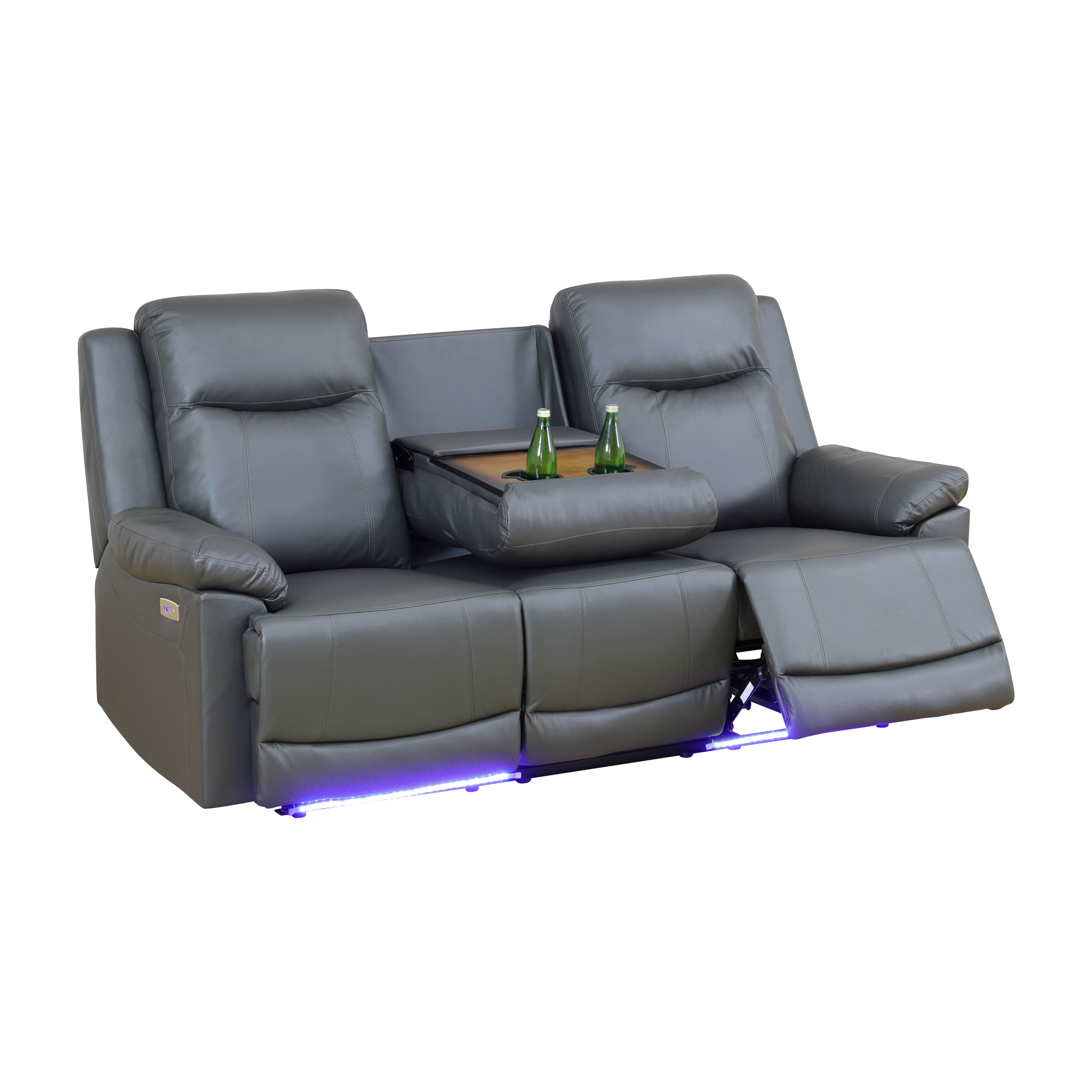 MAYEERTY 3-Seater Recliner Sofa, Breathable Leather Sofa with LED Lights & Reversible Coffee Table for Family Living Room & Home Theater