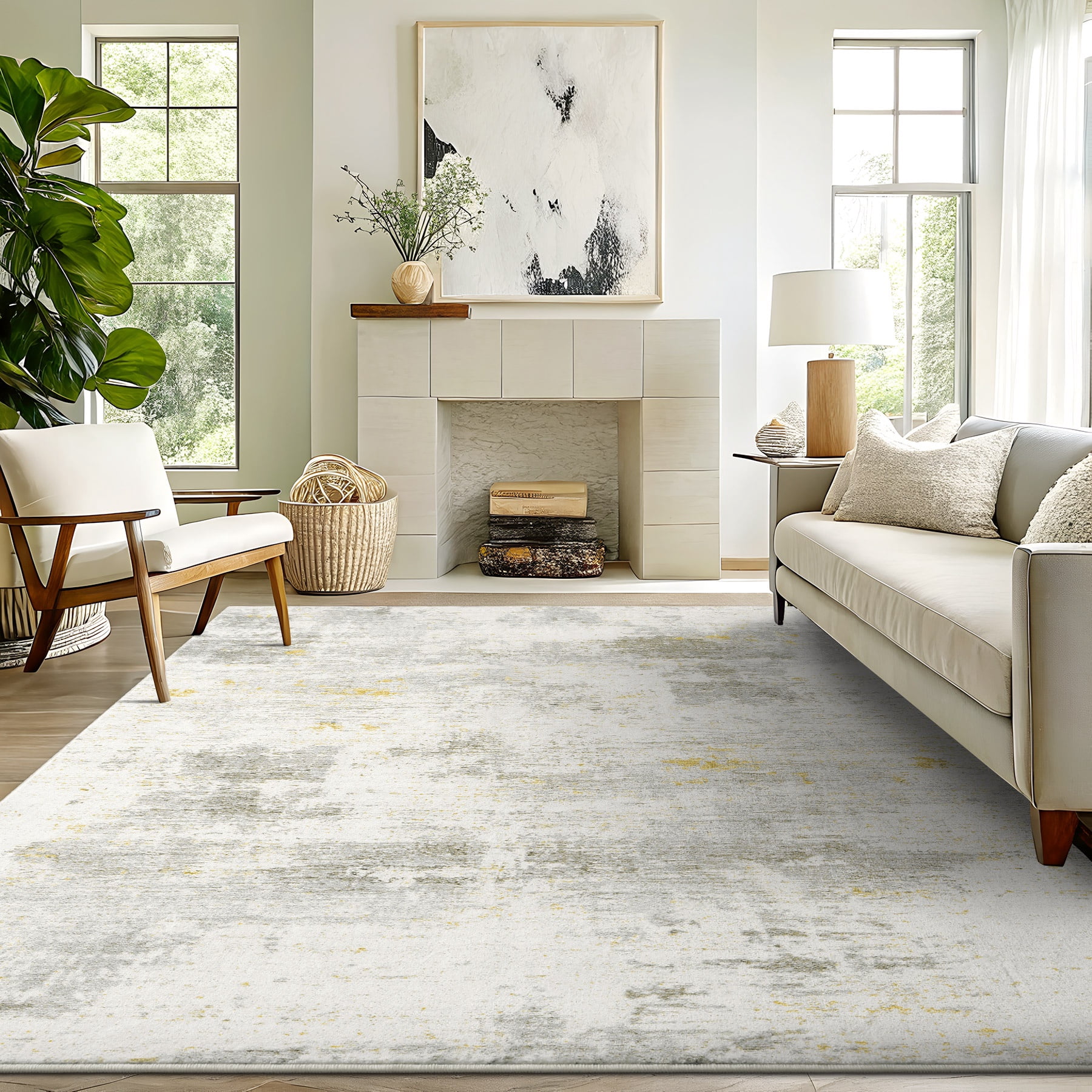Buganda Area Rug for Living Room 5'X7', Washable Artificial Wool Area Rug, Low Pile Non-Slip Carpet for Bedroom Office Dining Room, Light Beige