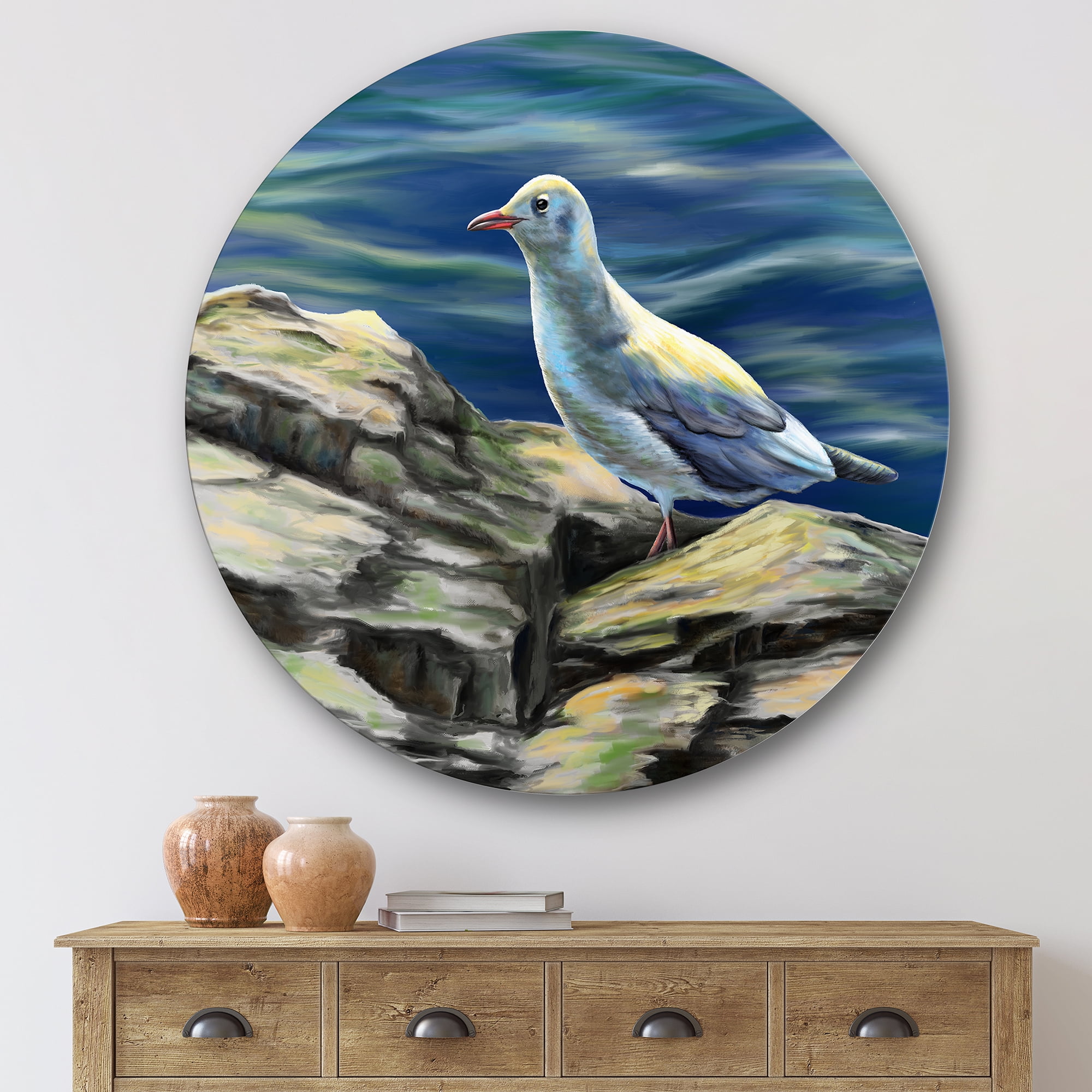 Designart 'Portrait of Seagull Birds By The Sea' Nautical & Coastal Circle Metal Wall Art 36x36 - Disc of 36