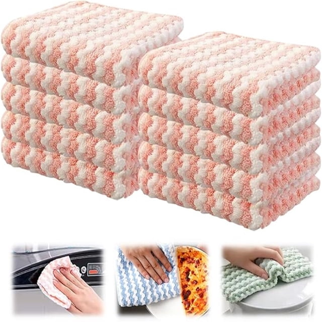 Paños engrosados para platos de 10 paquetes | Paños de cocina de microfibra Wave, limpieza de cocina, eliminación de grasa, absorción de agua, 25x25cm, duraderos, sin caída, secado rápido
