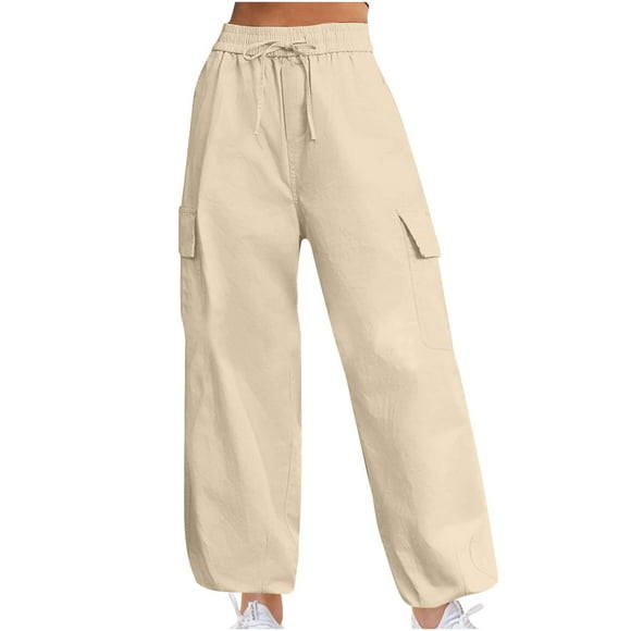 Khaki Womens Wild Cargo Pants for Ladies Loose Fit Medieval High Cut Renaissance Peasant Straight Leg Long Leg Steampunk Fall Summer Pants 2025 Clothes M