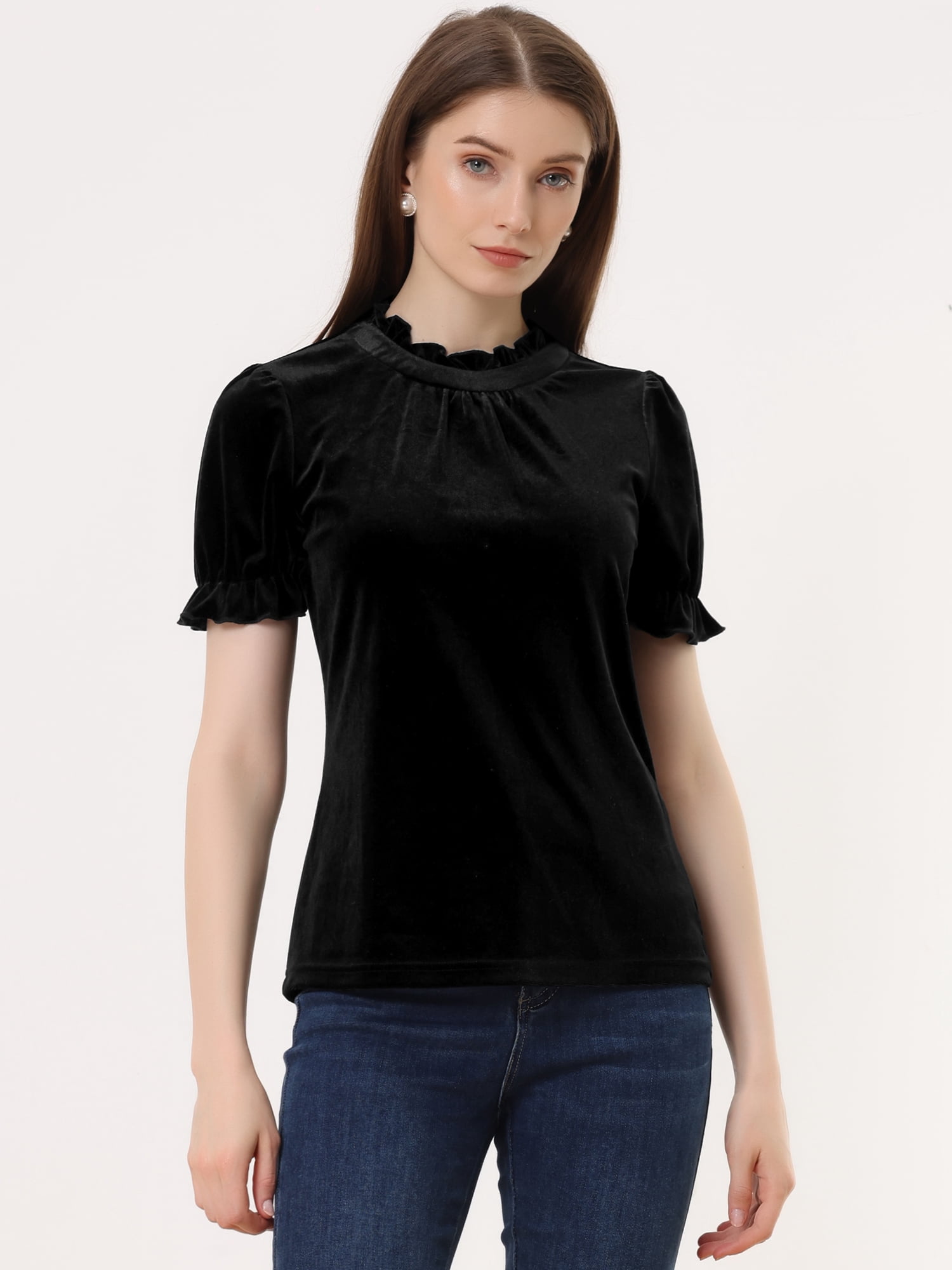 DARING DIVA Women's Ruffle Collar Shirt Velvet Tops Blouse XL Black
