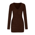 thumbnail image 3 of Long Sleeve Bodycon Dresses for Women Going Out V Neck Ruched Party Club Mini Dress Coffee, M, 3 of 7