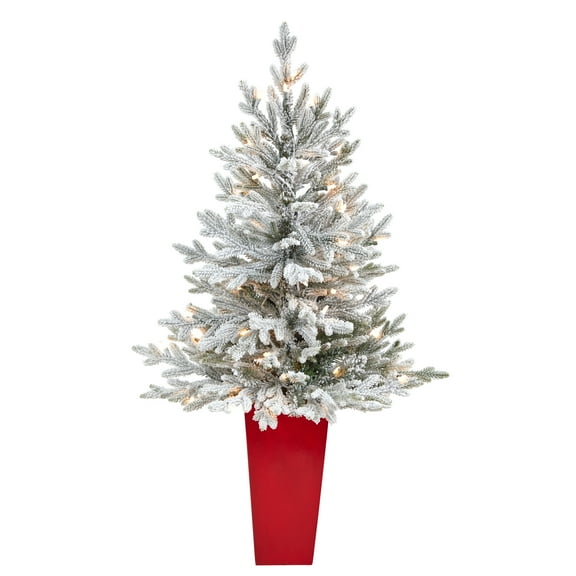 Nearly Natural 4' Flocked Fraser Fir Artificial Christmas Tree, Prelit with 200 Lights