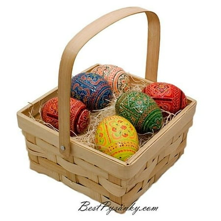 Ukrainian Easter Basket - Set of 6 Ukrainian Hand Painted Wooden Easter Eggs in a Gift Basket