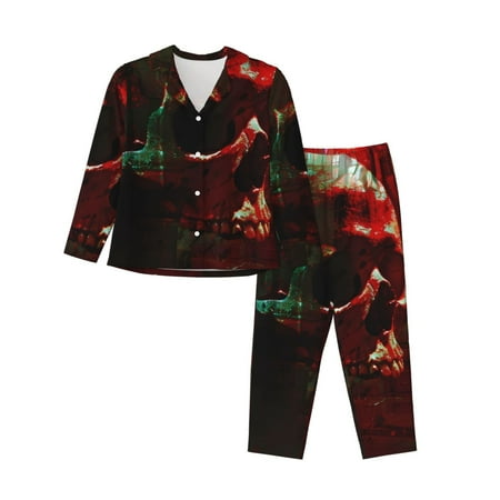 Lsque Red Dark Skull Abstract Pattern Long Sleeve Pajama Set for Women - Soft 2-Piece Sleepwear and Loungewear Set with Pockets  Comfy Nightwear-Large