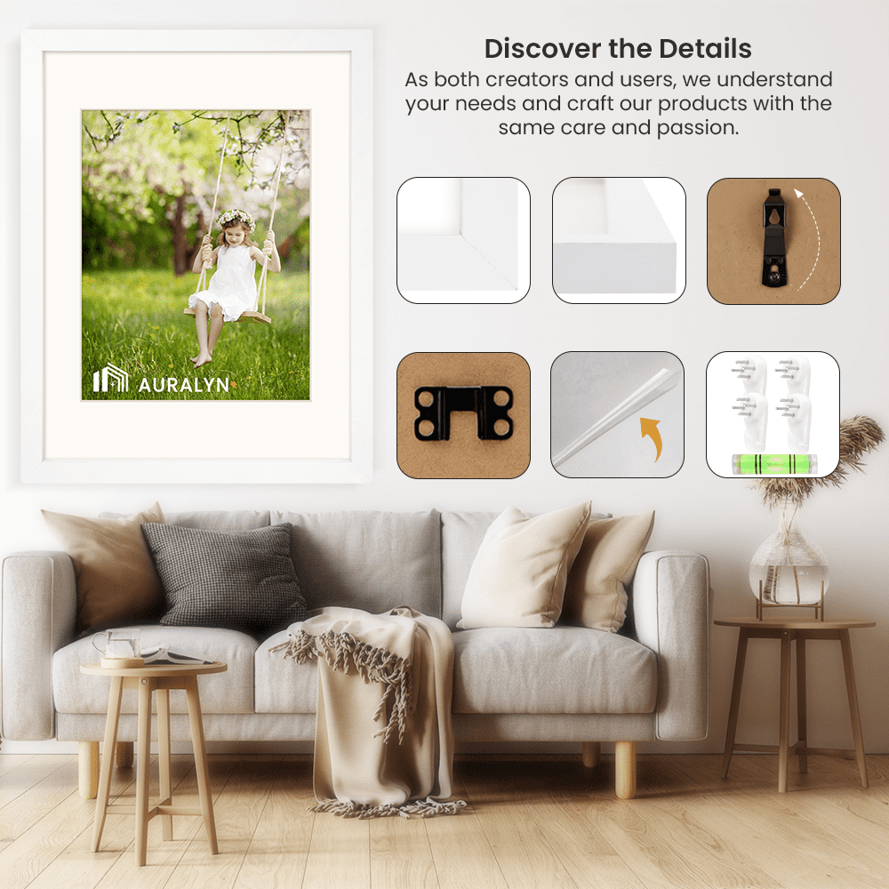 AURALYN 16x20 Picture Frames Set of 3, Fits 12x16 with Mat – Safe for Fingers, Includes Hanging Kit – Gallery Wall Frames, White