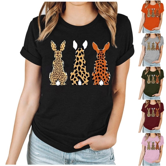 VBTAPA Novelty Graphic Tees for Women Happy Easter Bunny Print T-Shirt Cute Leopard Rabbit Tee Tops Prime Sales of The Day Army Green XXXL