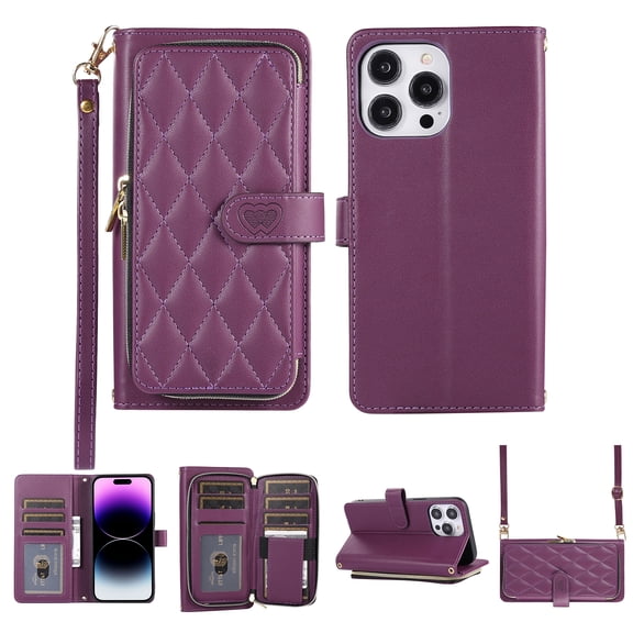 Nalacover for iPhone 14 Pro Max 6.7 inch Premium PU Leather Crossbody Case with Shoulder Strap & Wrist Strap,Shockproof Magnetic Flip Kickstand Credit Card Slots Zipper Wallet Phone Case,Darkpurple