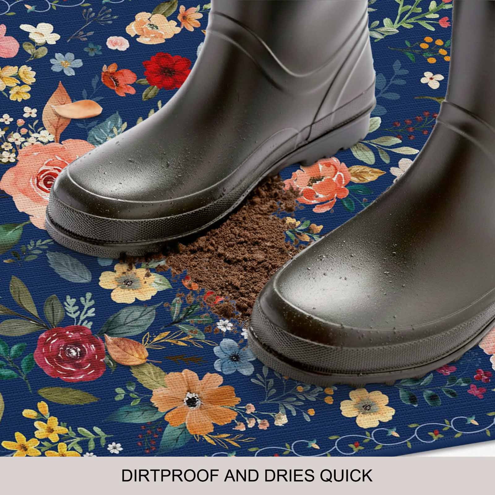 Navy Blue Flowers Doormat Outdoor Entrance 16"x24", Spring Vintage Floral Leaves Farmhouse Absorb Moisture Dirt Door Mats, Non-Slip Rubber Backing Floor Mats Indoor, Low-Profile Front Door Rugs