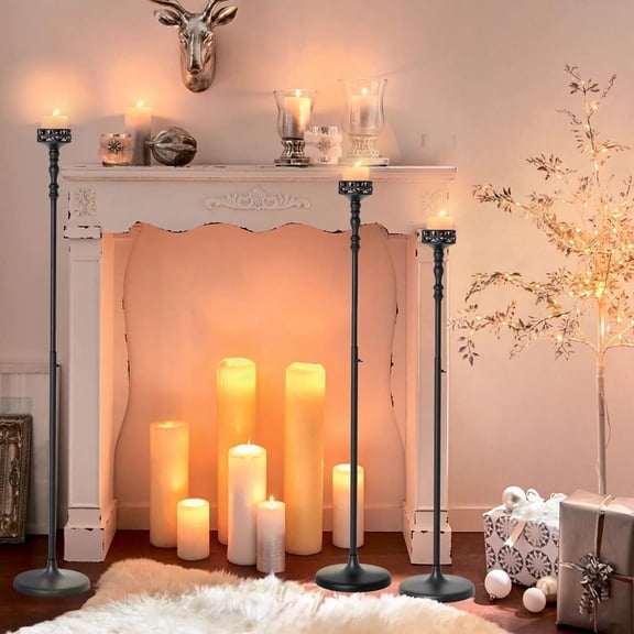 3Pcs 61inch Black Floor Candlestick Holder,Metal Adjustable Taper Candle Holders, Decorative Candle Candelabra Holder for Home Decor, Wedding, Dinning, Party