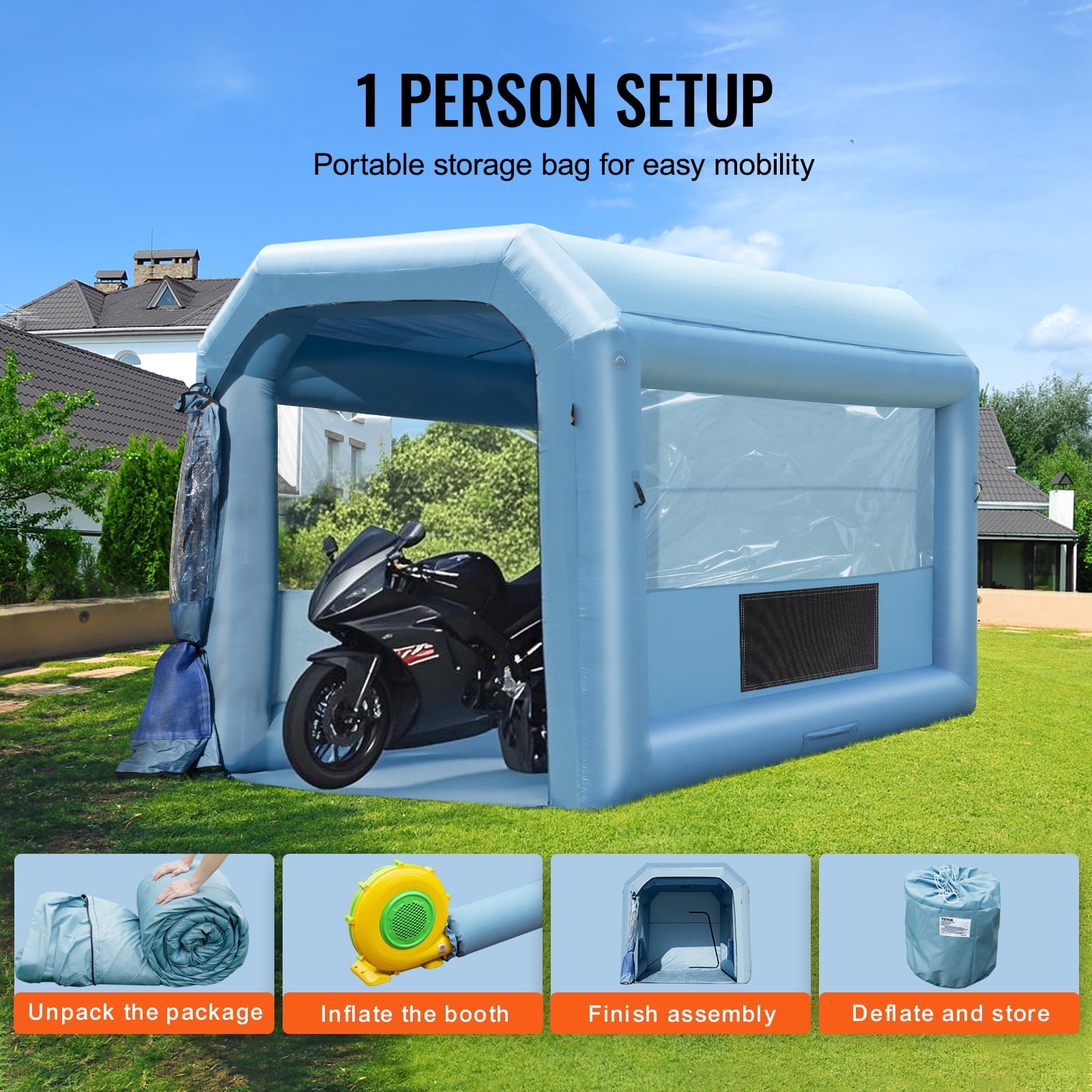 KFFKFF Inflatable Paint Booth, 13.1x9.8x9 ft, Includes 750W Blower & Filtration System, Ideal for Motorcycles, Bicycles & Vehicle Parts