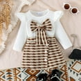 thumbnail image 3 of GYRATEDREAM Infant Baby Girls Fall Winter Outfit Toddler Ruffle Long Sleeve Bow Front T Shirt Tops Button down Plaid Mini Skirt Skort Set Clothes 2Pcs for 6 Months-4 Years Brown, 3 of 8