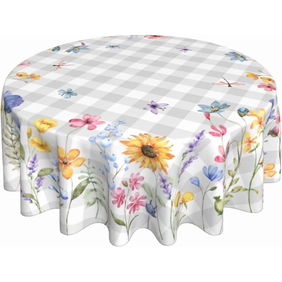 Verolix Round Tablecloth 60 Inch, Grey Plaid Floral Table Cover for Dining Table Farmhouse Kitchen Decor Indoor Outdoor