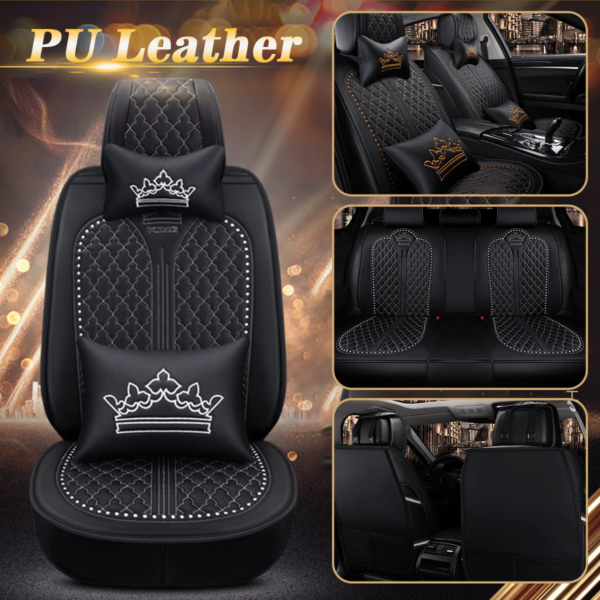 PU Leather Car Deluxe Edition Seat Cover Cushion Front＋Rear 5-Seats w/Pillow Set