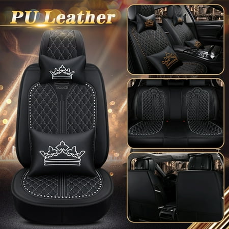 Car Seat Covers Deluxe PU Leather 5 Seats Side Airbag Compatible Front&Rear Seat Cushion Mat Full Set Universal Fit for Car, Truck, SUV or