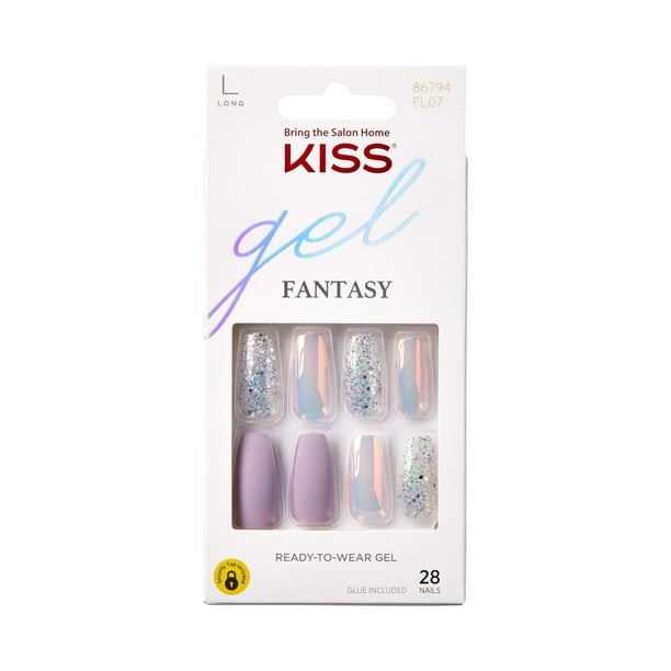 Uñas postizas Kiss Gel Fantasy, con forma de ataúd largo, anillos de arcoíris, moradas. Incluye 28 uñas, pegamento de 2 g, palito de manicura y lima pequeña.