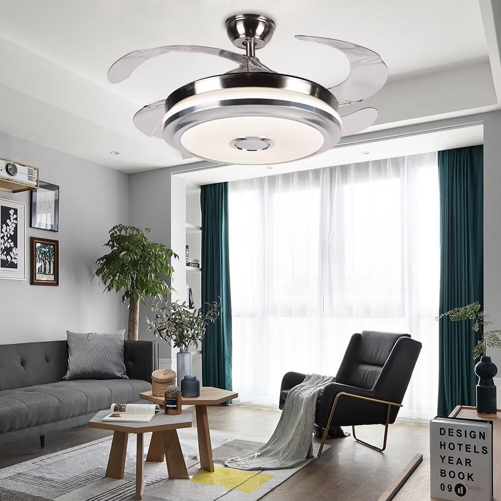 AFANQI Modern Multifunctional Ceiling Fan with Light and Bluetooth Speaker, Retractable Ceiling Ceiling Light Ceiling Fan with Remote Control, Invisible Ceiling Fan for Living Room Bedroom (42 Inch)