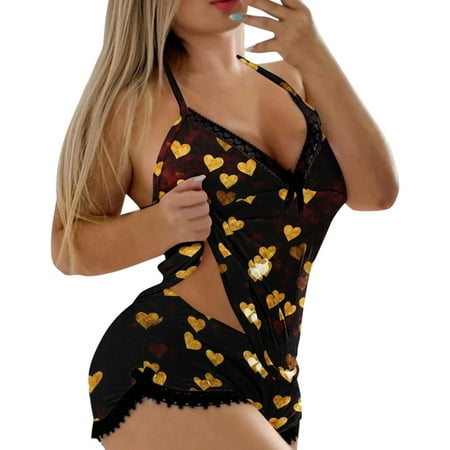 

PEASKJP Pajamas for Mom Womens Sexy Camisole Shorts 2 Piece Set Printing Love Sleepwear Lace Backless Trim Womens Robe Set Pajamas Yellow Medium