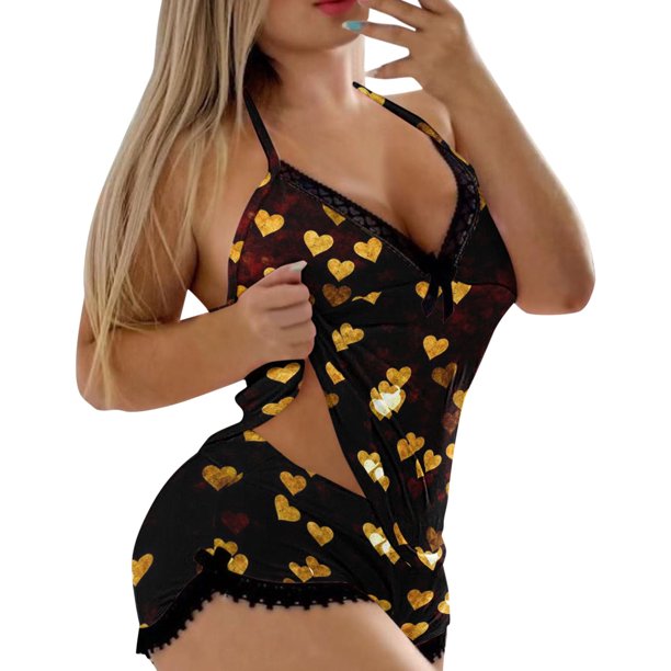Gibobby camisones de talla grande Camisola sexy para mujer, conjunto de 2 piezas, estampado de amor, ropa de dormir, encaje sin espalda, lencería, pantalones calientes, traje (Amarillo, M)