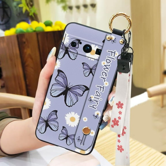 HBH-Phone Case For Google Pixel8 Pro, Durable Lanyard Kickstand Phone Holder Silicone Dirt-resistant Flower Soft case Oil Painting Wrist Strap Anti-dust Back Cover Fashion Design Ring
