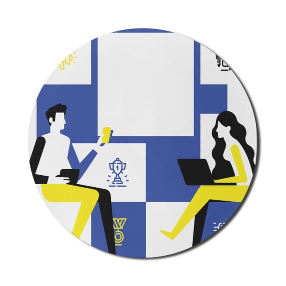 Modern Mouse Pad for Computers, Man and Woman Communicate at a Business Meeting Smart Phones Computer, Round Non-Slip Thick Rubber Modern Mousepad, 8" Round, Dark Violet and Yellow, by Ambesonne