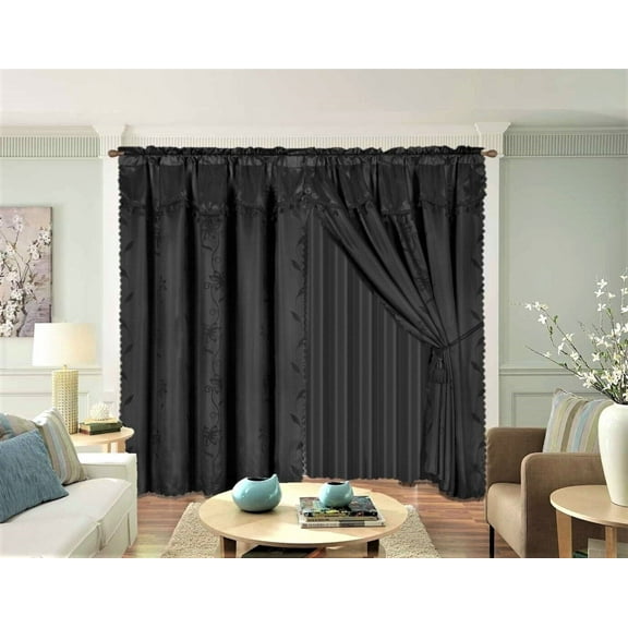NADA Black color 8 piece complete set window curtain panels, matching valance   tie backs top rod pocket 120" W X 84" L