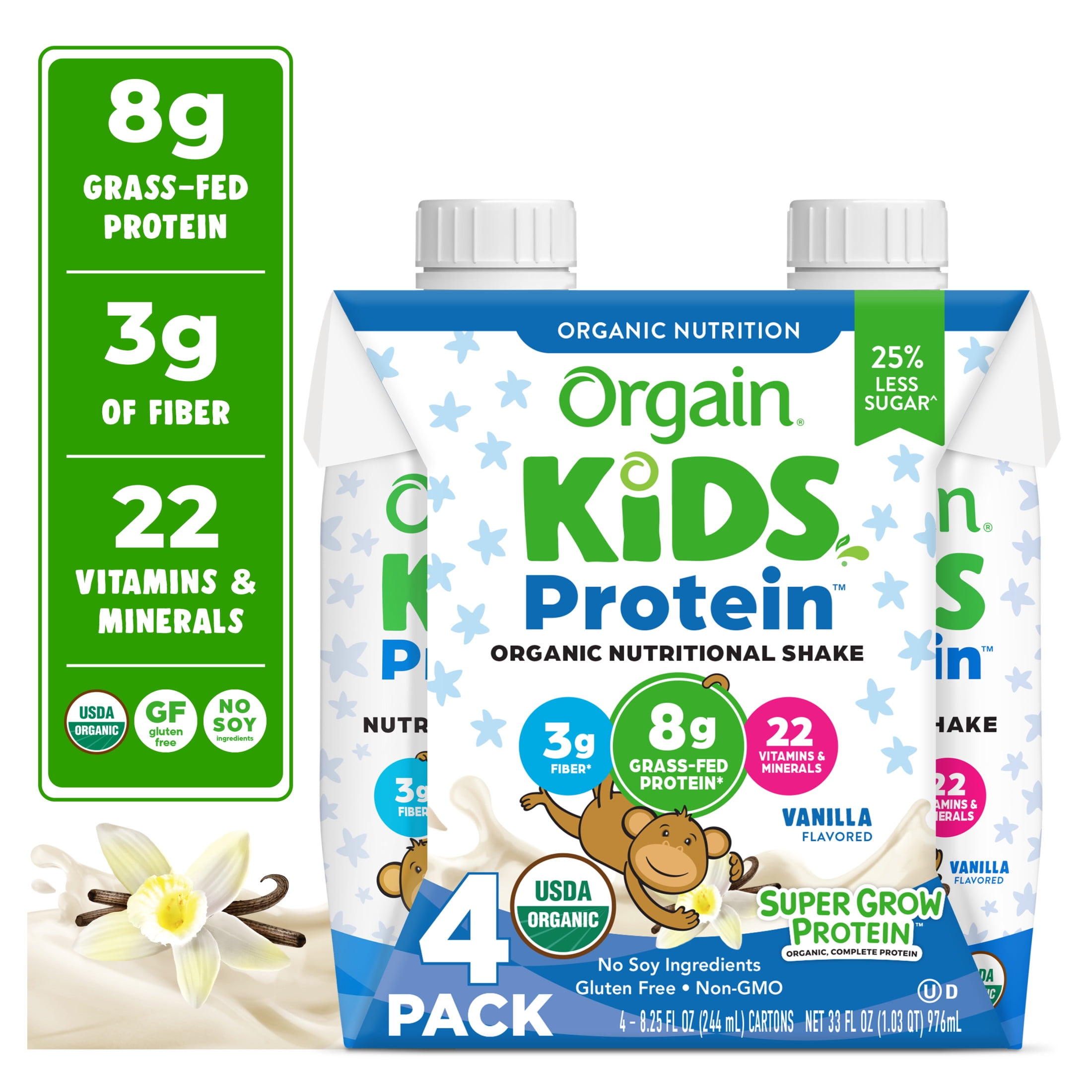 (2 pack) Orgain Organic Kids 8g Protein Nutritional Shake Drink, Vanilla, 4ct
