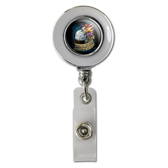 Home of the Free Because of the Brave Purple Heart Eagle American Flag Retractable Reel Chrome Badge ID Card Holder Clip