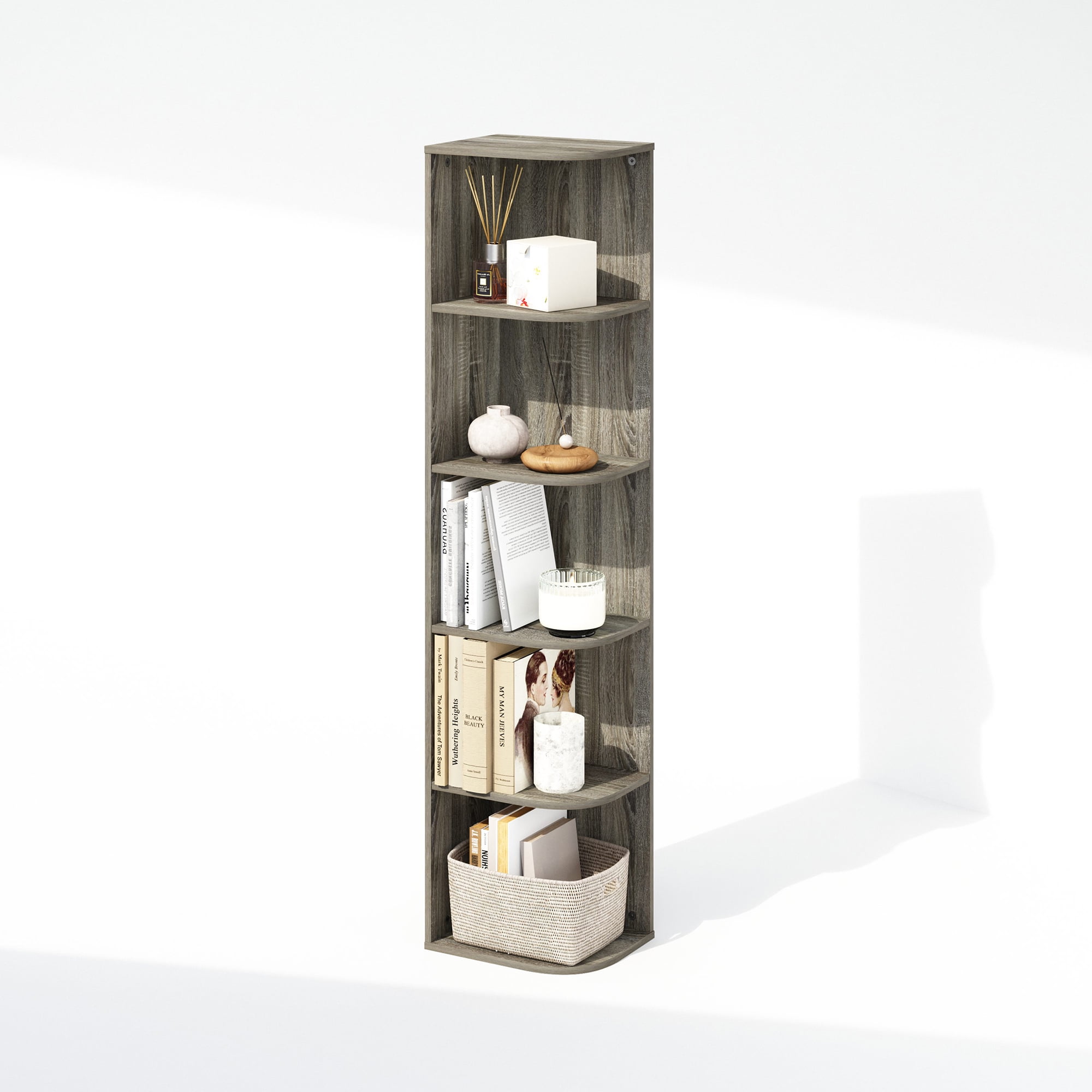 Furinno Reed 5-Tier Space Saving Corner Storage Display Shelf, Bookshelf, French Oak