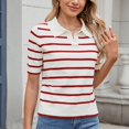 thumbnail image 2 of UAMVSH Women Short Sleeve Striped Sweaters Lapel V-Neck Casual Business Work Dressy Tunic Pullover Fall Lightweight Knitted Tops(X-Large,Red), 2 of 5