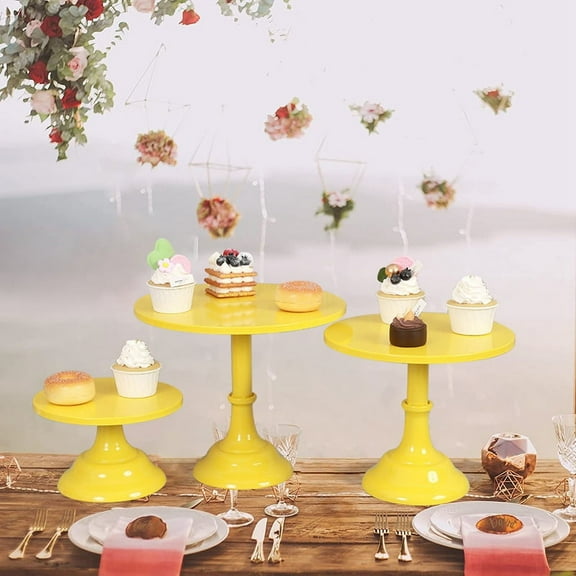 Metal Iron Cake Stand Round Pedestal Dessert Holder Cupcake Display Rack Bakeware for Birthday Wedding (Yellow S)