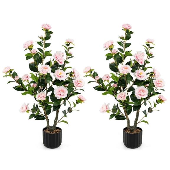 Topcobe 38 Inch Artificial Camellia Tree Faux Flower Plant in Cement Pot 2 Pack Pink, Artificial Trees for Home Decor Indoor Outdoor