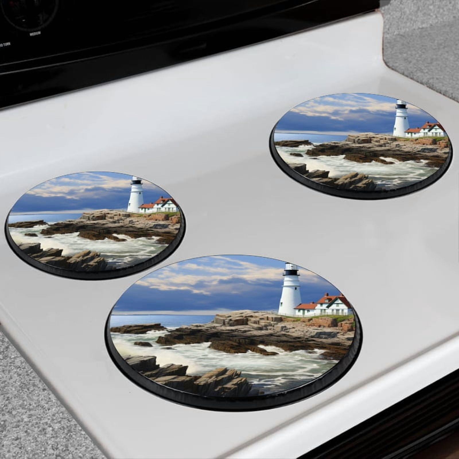 BaHomeck Electric Stove Burner Covers Set of 4,Round Metal Gas Stove Burner Covers 8 Inch and 10 Inch,Kitchen Decor,Photorealistic Painting Of The Lighthouse At Portland Head In Maine