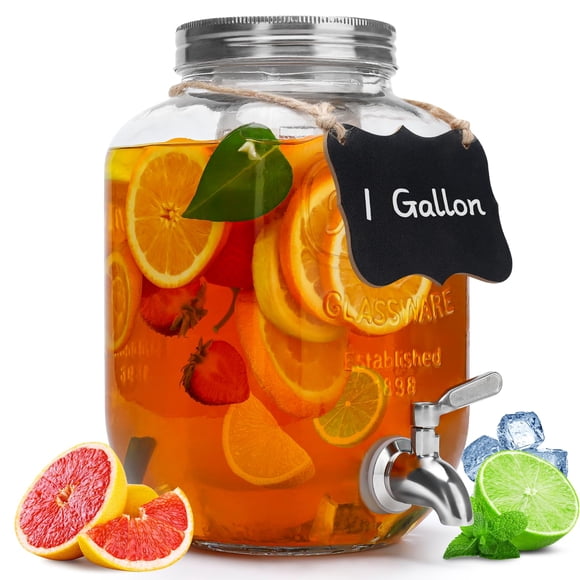 Dispensador de bebidas Goldfishwa de vidrio de 1 galón con grifo de acero inoxidable