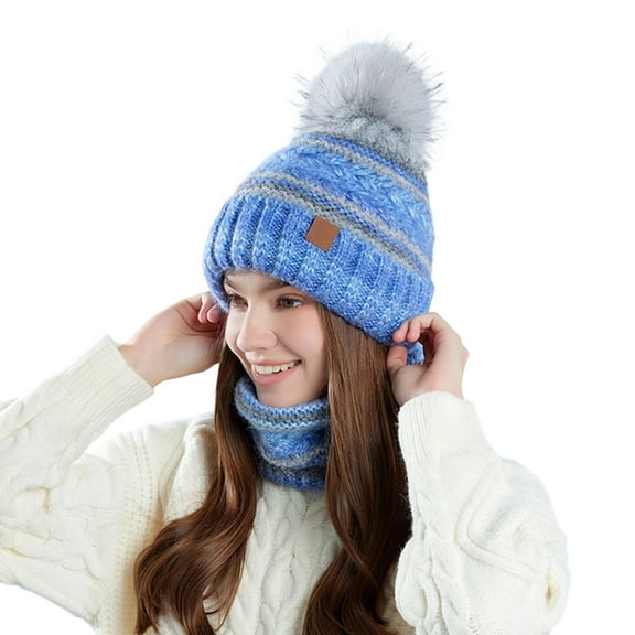 HNMKIU Winter Warm Knitted Hat and scarf for women Lined Thermal Soft Yarn Neck Warmer for Cold Weather Two Piece Set with Ear Protection 03_Blue,One Size