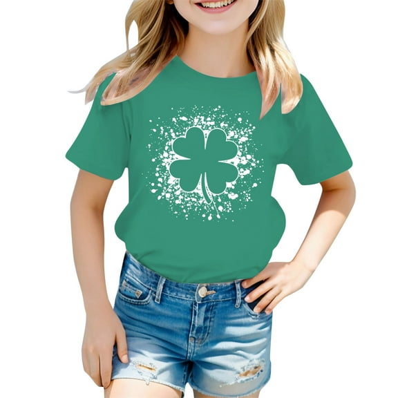 Boys Girls St Patrick's Day T-Shirt Round Neck Green Four Leaf Clover Prints Sweatshirt Breathable Comfortable Baby Girls' Tees,Army Green,6-7 Years
