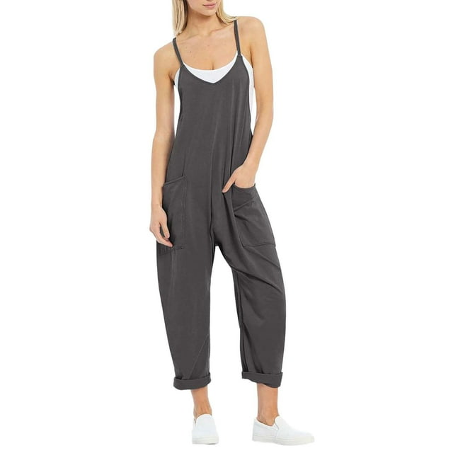 TrendOFT Jumpsuits For Women Casual Summer Solid Loose Pocket Spaghetti Strap Wide Leg Womens Overalls Rompers Grey S