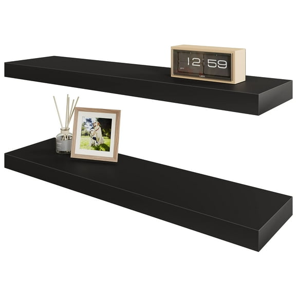 Wall Mounted Floating Shelves Set, Minimalist Decor Storage for Bathroom Kitchen Bedroom, 24x6 Inch Shelf with Hidden Brackets, Black
