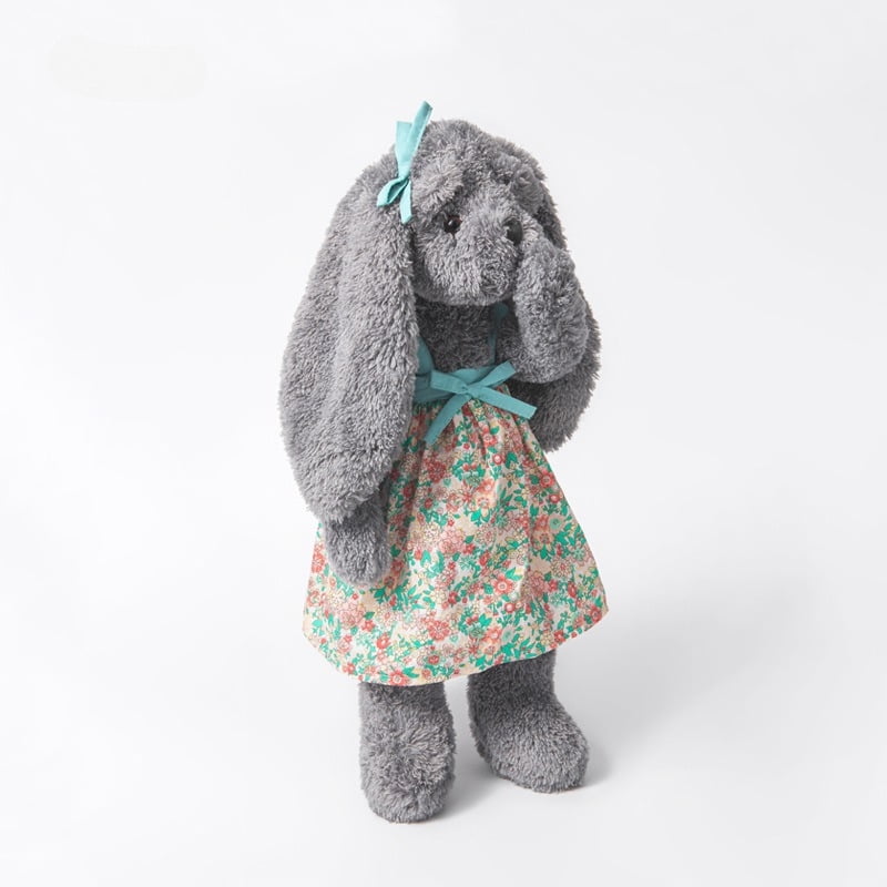 Gray Bunny Plush Doll with Floral Dress, Soft Stuffed Rabbit Toy, Cute Decorative Plush Figure for Home Display and Gift Giving