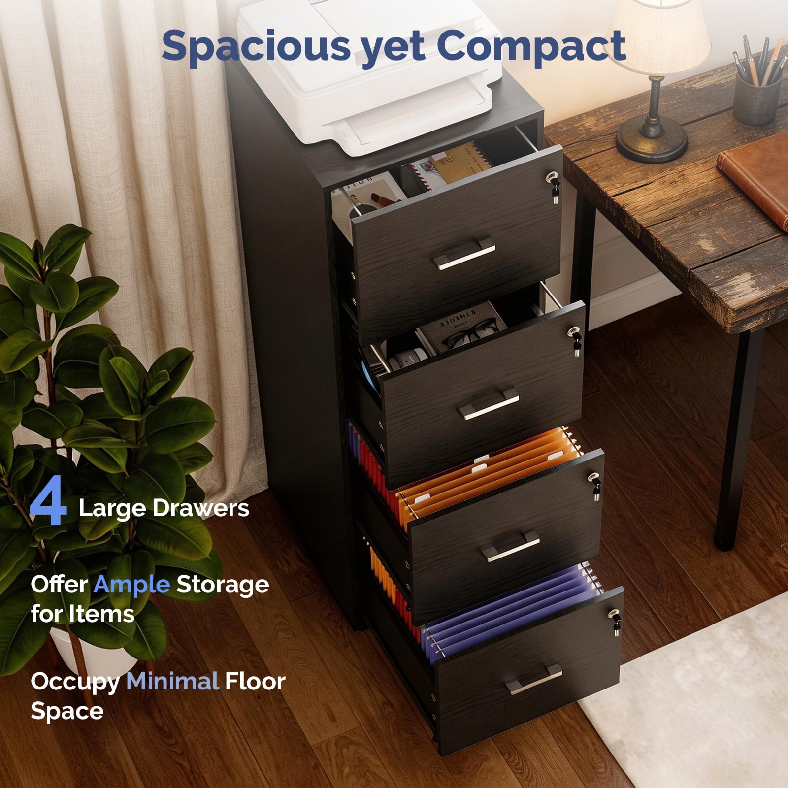 Ktaxon Wood 4-Drawer Lateral File Cabinet with Lock for Home Office, Lockable Filing Cabinet, Easy to Assemble, Black