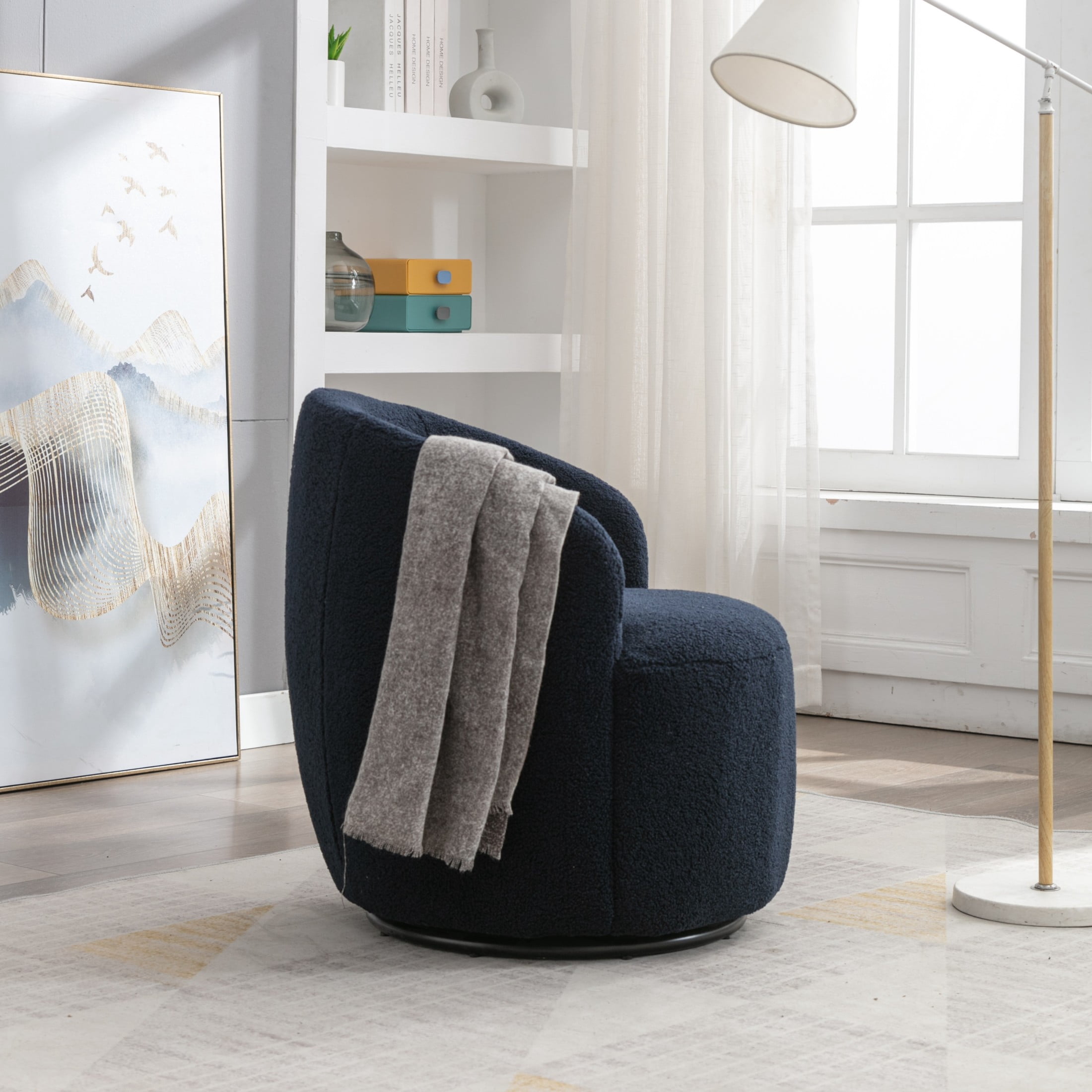 Noble House Arissa 26" Teddy Ergonomic Barrel Armchair, Swivel Reading Chair with Metal Base for Living Room, Dark Blue