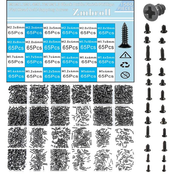 shiyou-1560Pcs Black Flat Head Self Tapping Screws M1/1.2/1.4/1.7/2/2.3 Mini Cross Drive Countersunk Tiny Screw Woodworking Small Fastener Screws 24 Size Assortment Kit for Electronic DIY