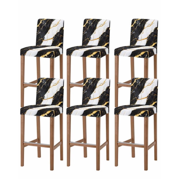 Black Marble Bar Stool Covers Set of 6, Luxury Gold White Abstract Cracks Artwork Stretch Washable Bar Chair Covers with Backs, Removable Pub Counter Height Chair Cover for Kitchen Dining Room Cafe