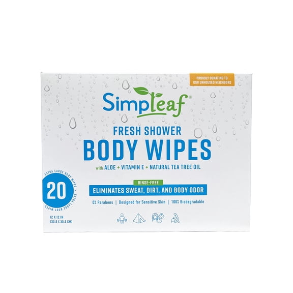 Simpleaf Body Wipes Rinse Free, 12" x 12", 1 Count (Pack of 20), Aloe Vera,Fresh