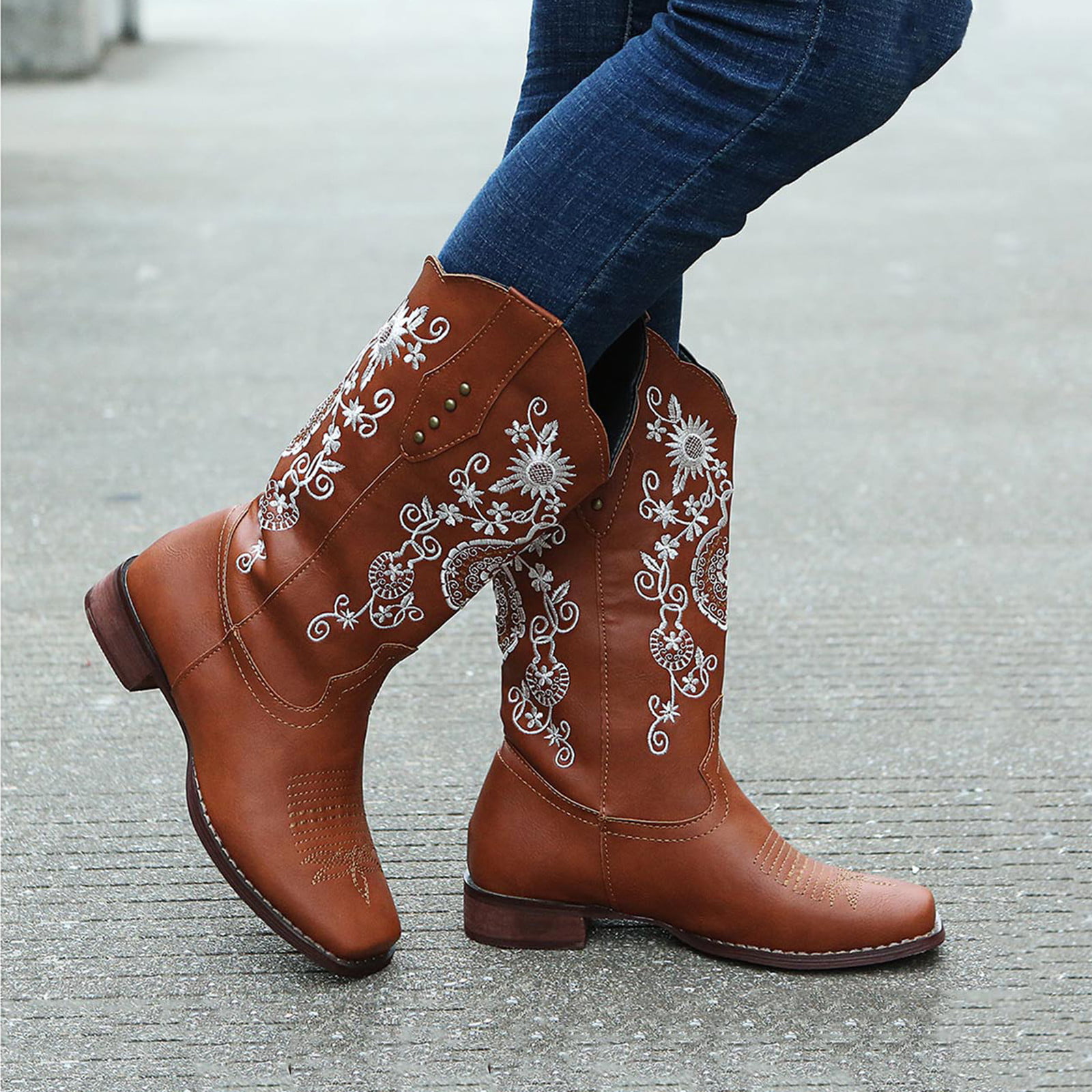 Women Western Mid Calf Boots Embroidery Sunflowers Low Block Heel Cowboy Shoes 