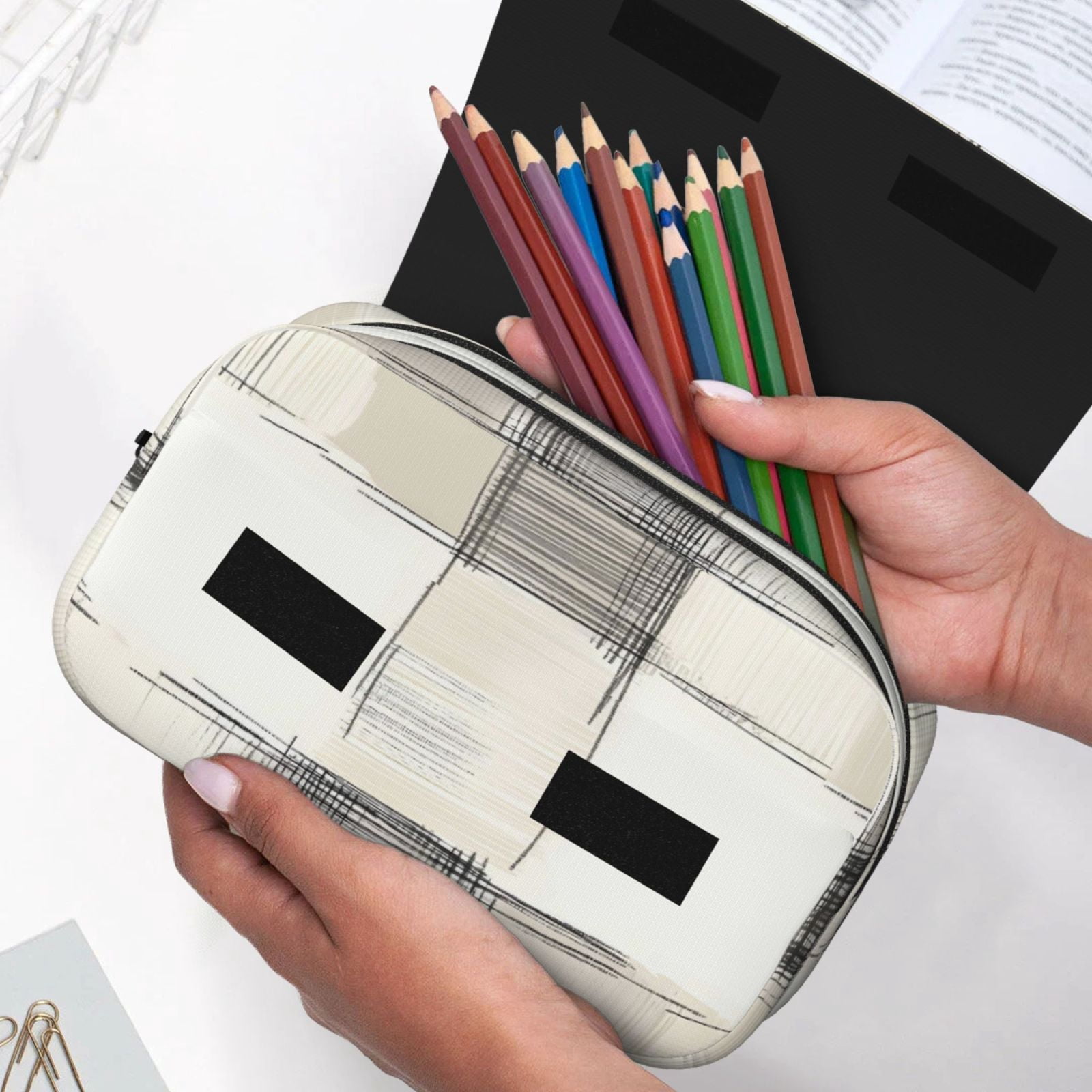 Large-Capacity Flip-Top Double-Layer Pencil Case, Multi-Functional Pocket Pen Case, Durable Stationery Organizer Ivory Checked Hand-Drawn Sketch_3