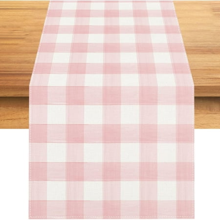 

Linen Watercolor Pink White Buffalo Check Plaid Table Runner Gingham Tablecloth Farmhouse Spring Summer Easter Home Kitchen Table Decorations-13×108
