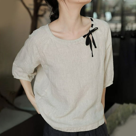 Sevevn Women's Fashionable Retro Embroidered Round Neck Five Quarter Sleeved Short Sleeved Blouse Summer Savings White L