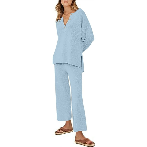 zanvin Women's 2 Piece Trendy Outfits Oversized Slouchy Matching Sets Cozy  Knit Sweatsuit Sets,Blue,XXL 